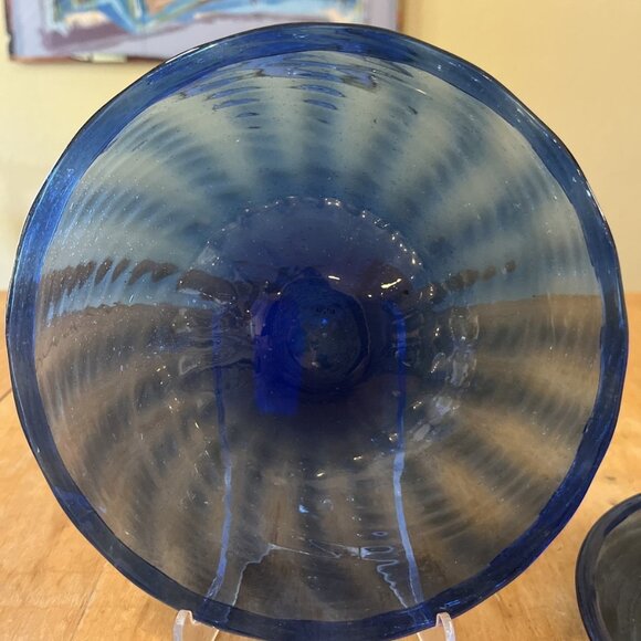 Lot Of 2 Hand Blown Glass Cobalt blue dessert or salad plates 8inch Swirl - Picture 2 of 5
